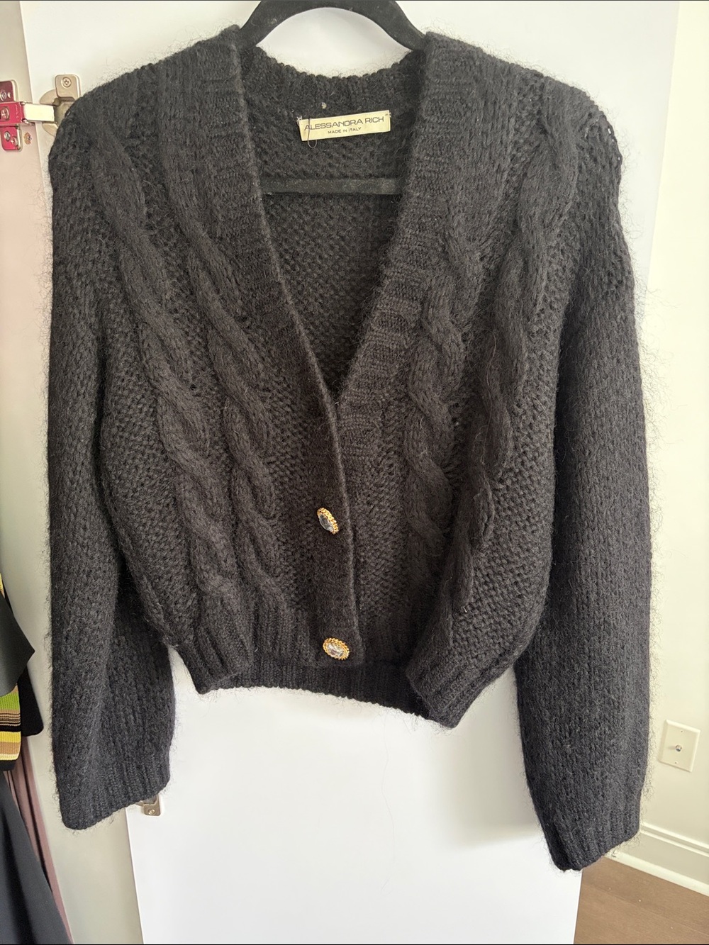 Alessandra Rich Black Braided Cable V-Neck Cardigan with Gold Buttons